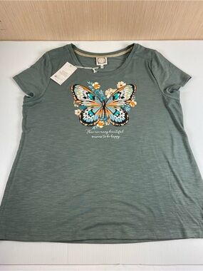 TruSelf XL Sage Green Butterfly Graphic Tee NWT Floral Top